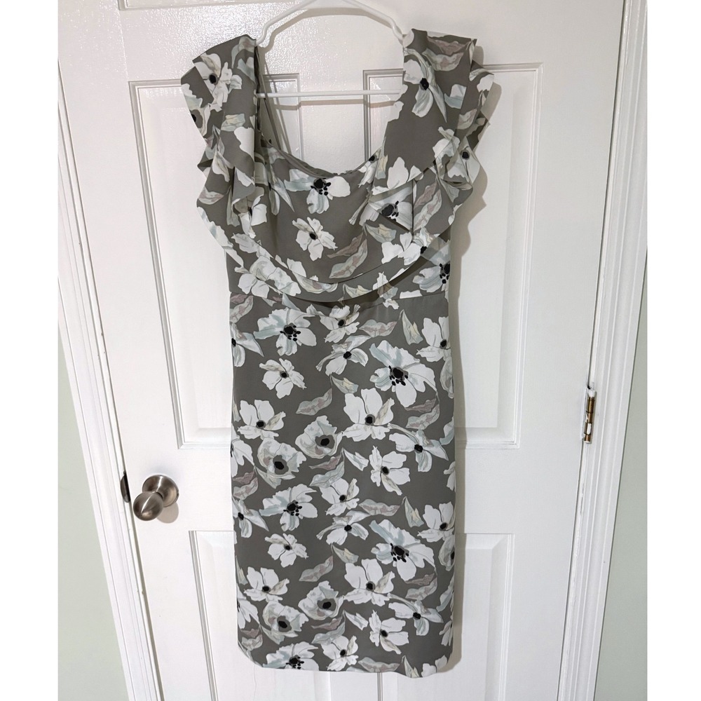 Banana Republic Grey Floral Ruffle Sheath Dress Size 8 Sleeveless Midi Pockets